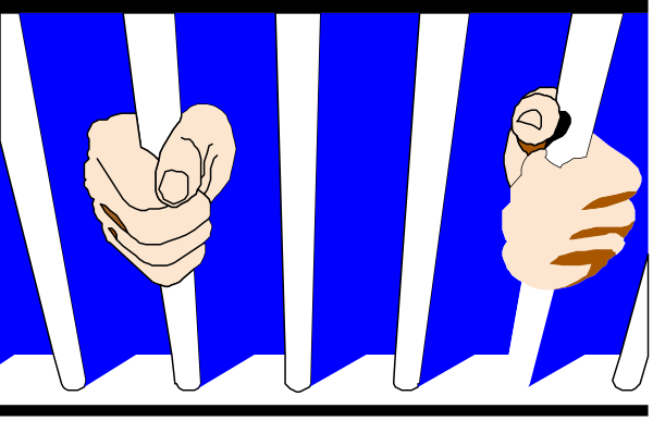 The image shows a cartoon of two hands with thumbs up inside jail bars against a blue background.