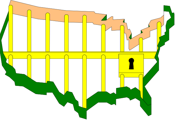The image shows a stylized map of the United States with various states highlighted by different colored borders; there is also an illustration of what appears to be a fence in front of each state border.