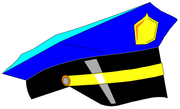 The image shows a stylized police officer's helmet with an emblem on it against a black background.