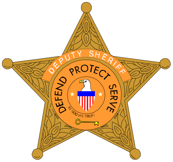 The image shows a badge with text that reads "DEPUTY SHERIFF" on top of it, followed by an eagle emblem in front of some stars; below this is another line of text stating "DEFEND PROTECT SERVE."