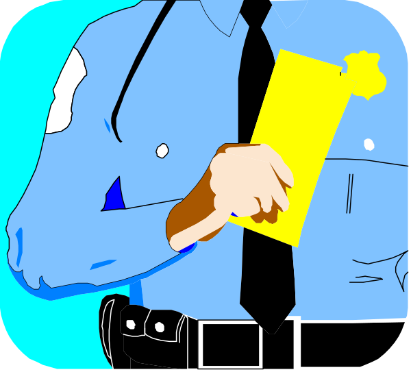 The image shows a cartoon of an officer holding up his badge with both hands while standing behind it.