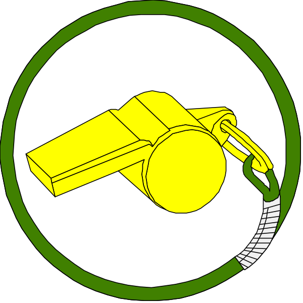 The image shows a yellow whistle with an attached chain hanging from it next to two circular icons: on top is a green shield symbolizing security; below that is another icon featuring a key locking mechanism, suggesting access control or restricted areas. There's no text in this clip-art illustration.