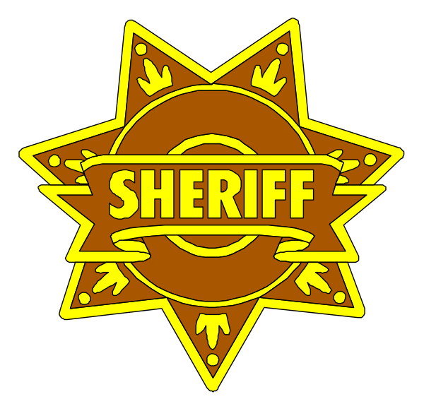 The image features a badge with text that reads "SHERIFF" inside an emblem resembling a shield shape in gold color on top of another circular design also containing the word "Sheriff."