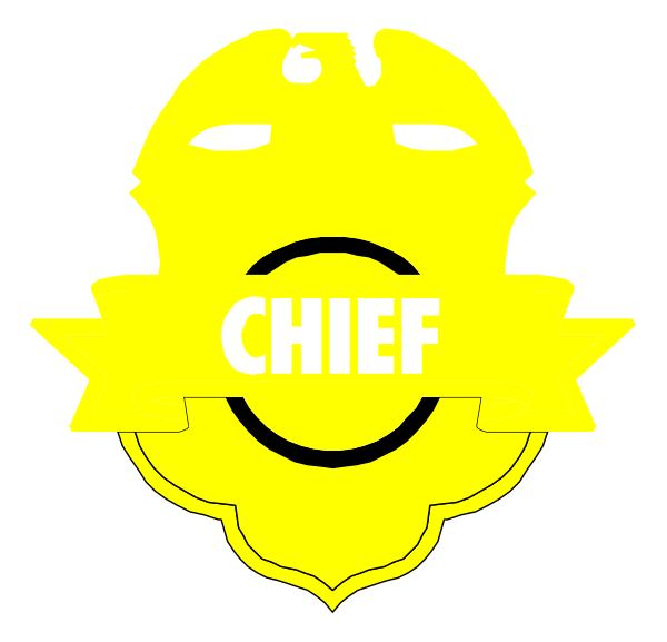 The image shows a logo with text that reads "CHIEF" inside an emblem featuring two crossed swords on either side of what appears to be a shield-like design in yellow at its center.