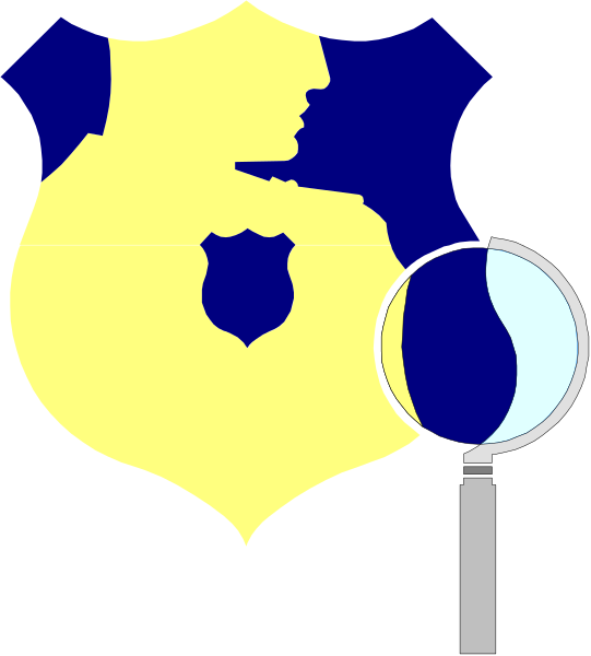 The image shows a stylized graphic of an emblem with text that reads "POLICE" at its center above two crossed swords in blue on either side; below them is a magnifying glass overlaid images, one showing what appears to be a person's profile and the other depicting a shield. The background color transitions from yellow near the top left corner to darker shades towards the bottom right where it meets with black at its edges.