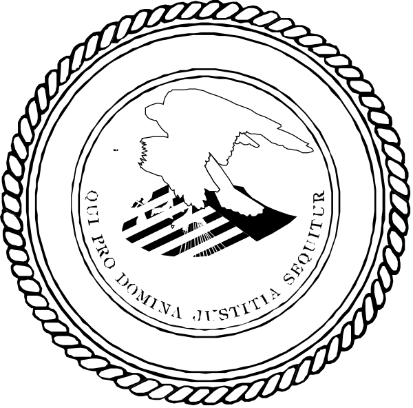 The black and white logo of a court seal with an eagle emblem on top right corner.