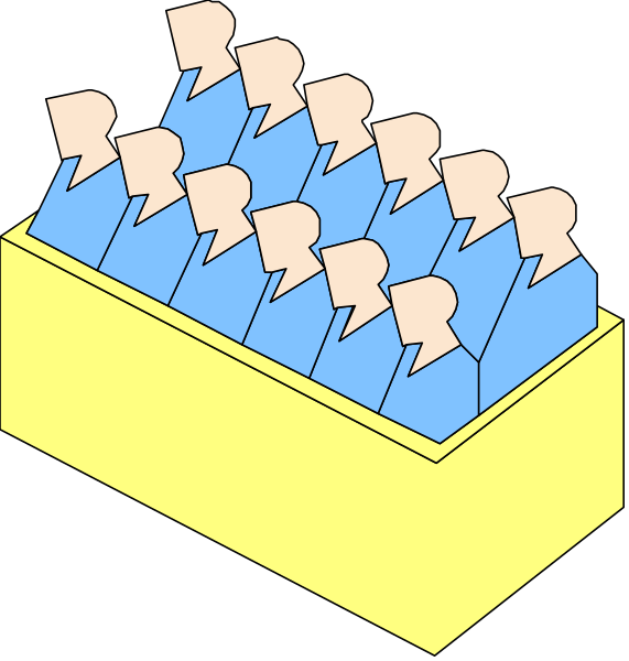 The image shows a cartoon of two scenes: on top, there's an illustration with many speech bubbles in various shapes and sizes coming from different directions; below it is another scene depicting several people sitting together inside what appears to be a yellow box or container.