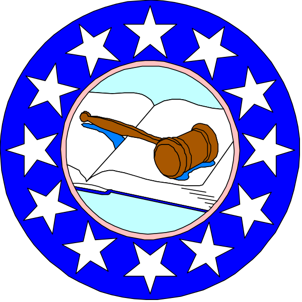 The image shows a blue circular badge with two distinct halves: on top is an illustration of a gavel inside a book; below it is another depiction featuring stars in each corner surrounding a shield, which contains a white star and eagle design at its center.