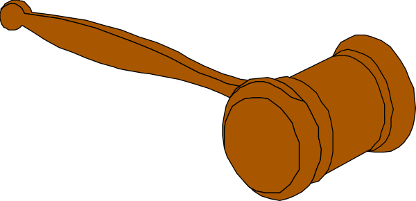 The image shows a black gavel with two wooden handles on top of it against an orange background.