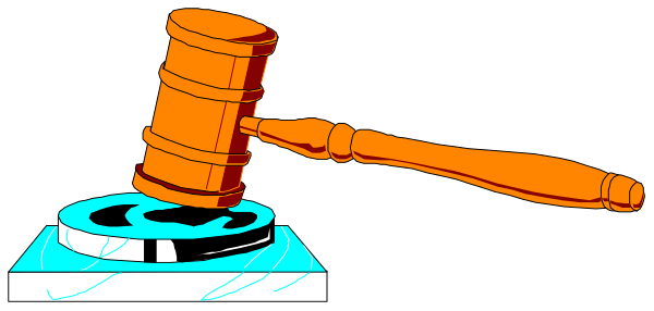 The image shows a gavel on top of a podium with an orange hue overlaying it against a black background.