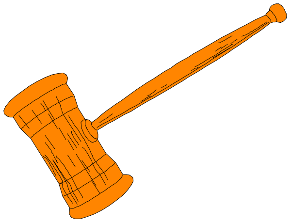 The image shows a gavel with an orange handle next to it on its side is what appears to be a hammer-like object in black and white tones against a dark background.