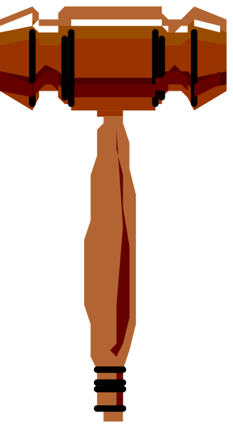 The image shows a pixelated depiction of an object that resembles a hammer with a wooden handle peeking out from behind it on its right side; there is no visible text in this small clip-art image, and I cannot provide any information about actions or setting as they are not present.