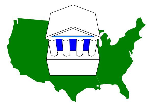 The image shows a stylized graphic of an American flag with a building resembling the United States Capitol at its center on top of it is what appears to be a shield emblem featuring three columns, and below that, there's a banner displaying "USA" in white letters.