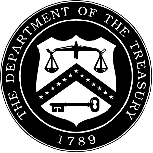 The black and white logo of the Department of Treasury with a key symbolizing its role as custodian of national finances.