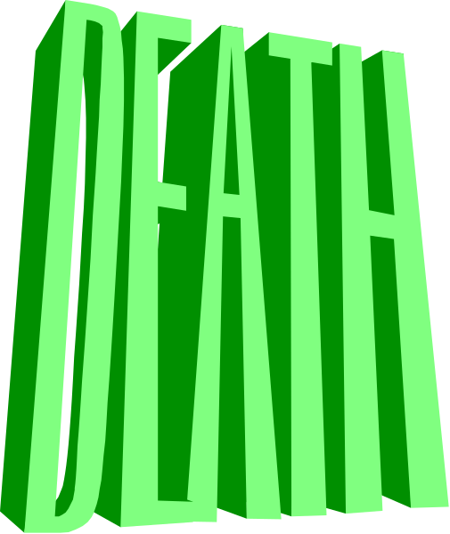 The image shows a graphic with text that reads "DEATH" prominently displayed across it against an abstract background featuring green checkered patterns on either side of the word.