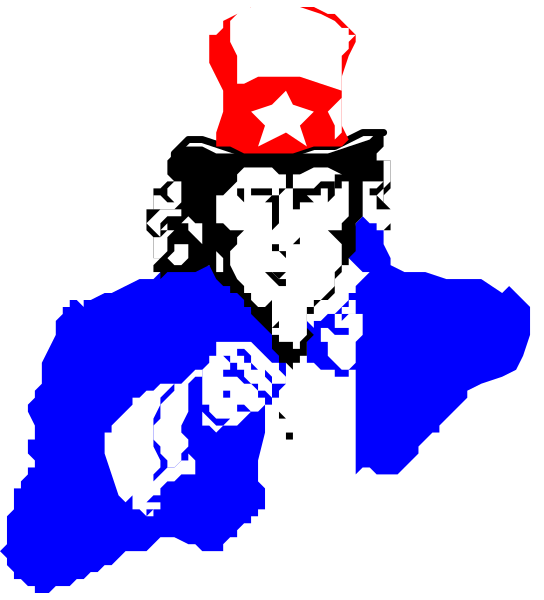 The image shows a pixelated graphic of an American flag with stars on it to its left side against a dark background; in front is what appears to be a stylized figure resembling Uncle Sam wearing sunglasses and holding up his finger, as if making a point or gesture.