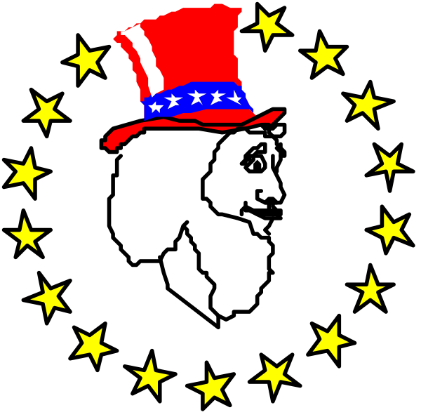 The image shows a stylized representation of Europe with stars around it; there is an American flag hat on top that has red stripes and white stars in its design.