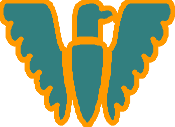 The image shows a stylized graphic of an abstract design resembling wings with blue outlines on top against a white background at bottom right corner.