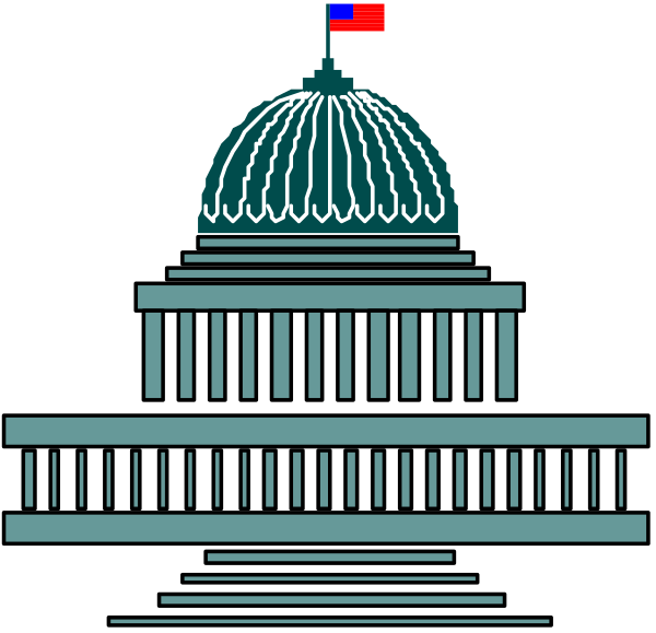 The image shows a stylized graphic of an American flag on top of what appears to be a building with columns resembling those found in classical architecture; below this structure is another depiction that looks like it could represent either a capitol dome, which might suggest governmental or legislative significance.