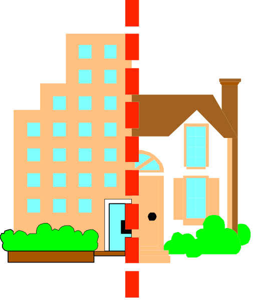 The image shows a pixelated representation of an urban scene with two buildings: on the left is a tall building labeled "10," which appears to be under construction; in front of it stands another smaller house, also depicted as being constructed but not yet complete due to missing walls and roofing materials.