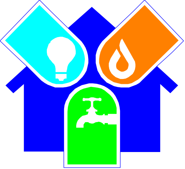 The image shows a stylized graphic with three symbols representing different aspects of home safety: fire extinguisher (red), light bulb (white), water faucet (blue).
