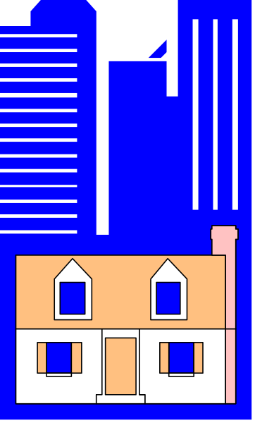 The image shows a cartoon depiction of an orange house with two windows on its front side against a blue sky background.