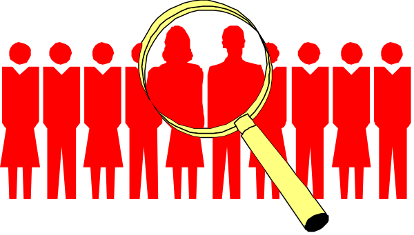 The image shows a magnifying glass overlaying an illustration of several silhouetted figures that appear to be looking at something in front of them; there is no text present within this clip-art graphic, and it has a simple red background with white outlines for each figure's shape.