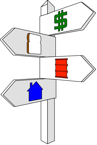 The image shows a signpost with four directional signs pointing to different destinations: "Sunday," "$10 off coupon," "House for sale" (with an arrow indicating it's in another country), and one that says, "No entry."