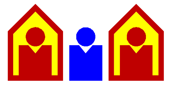 The image shows three houses with a person standing outside each house; there's no text present.