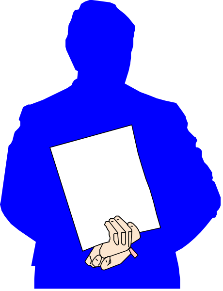 The image shows a silhouette of an adult holding up papers with text on them against a blue background; there is no additional context provided about any other elements in this clip-art illustration.