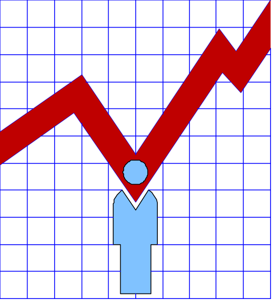 The image shows a graph with an arrow pointing downward next to a stick figure of a person standing upright against it.