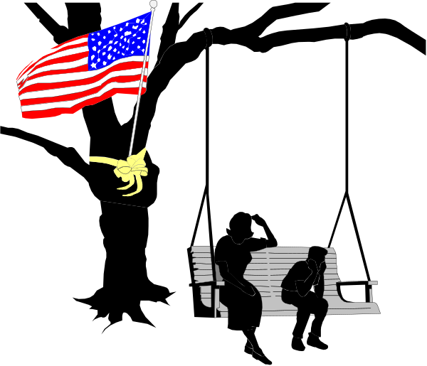 The image shows a black silhouette of an American flag with two guns pointing at it from below; there is no text present in this clip-art illustration.