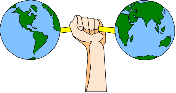 The image shows a cartoon of an arm with three hands holding up signs representing different continents: North America (with Canada), Europe, Asia, Africa, Australia, Antarctica, South America, Central and Northern Americas, as well as one hand pointing to Earth from space.