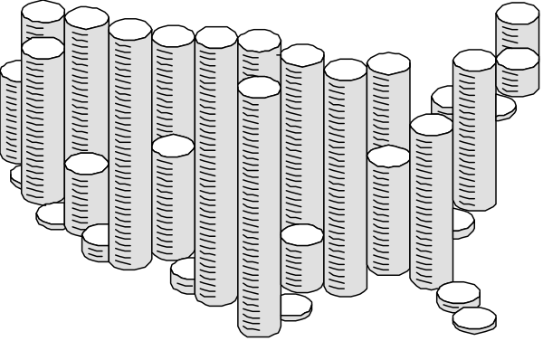 The image shows a black and white illustration of an American flag with 50 cylinders arranged to resemble it in front of which is another row of similar cylinders forming what appears to be a map of the United States, all set against a dark background. There are no texts or other objects present within this image. The style suggests that each cylinder represents one state and they collectively form an outline of the continental U.S., with Alaska depicted as separate from contiguous states due to its unique geographical positioning at the top right corner, which is a
