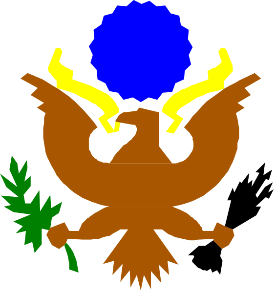 The image shows a stylized emblem with two panels: on top is an eagle's head facing left; below it to its right stands a shield divided into four quadrants by diagonal lines from corner to opposite corner, each quadrant containing different symbols and colors such as stars, leaves, and what appears to be heraldic elements.