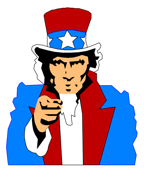 The image shows a cartoon of Uncle Sam pointing his finger with an American flag background.