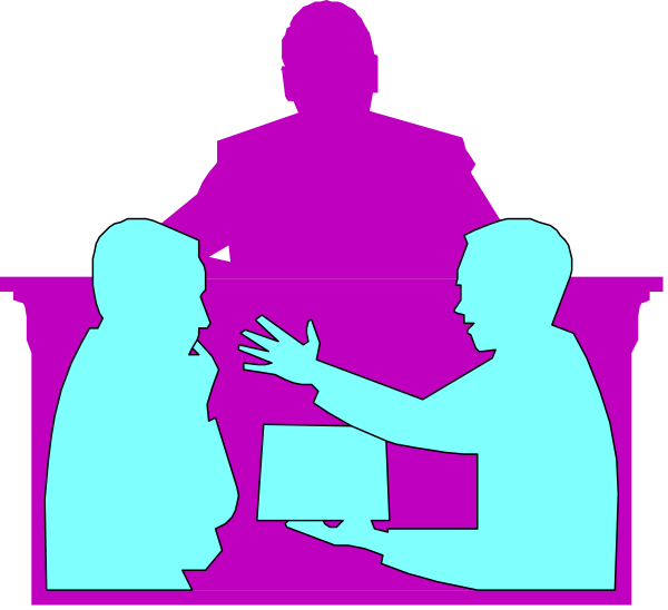 The image shows a cartoon of two men sitting at desks facing each other with their hands on top of papers; between them is an animated figure standing up in front of both, gesturing as if speaking to one person from either side.