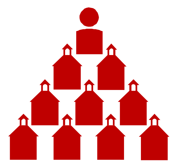 The image shows a collection of red houses stacked on top each other to form an abstract pyramid structure with a figure at its peak that appears humanoid but lacks facial features; it is set against a plain background and does not depict any actions or settings beyond what has been described above.
