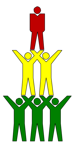 The image shows a colorful depiction of an escalator with five figures on it: two at the bottom holding hands in celebration; one figure standing above them as if cheering for their success; another person halfway up, looking back and smiling towards those below; and finally, someone near the top who appears to be waving or greeting. The background is a plain gray color without any additional details visible from this angle.