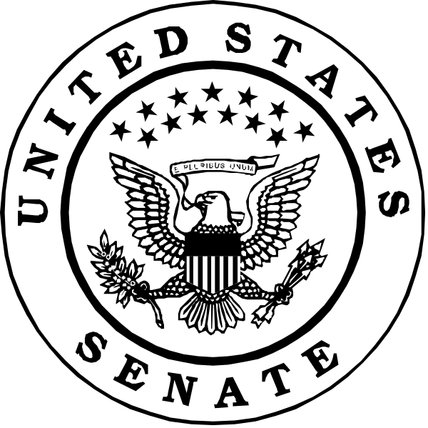 The image shows two circular emblems with text on them against a black background: 1) A round seal-like design featuring an eagle's head atop a shield holding arrows crossed behind it, and below that is "UNITED STATES" in capital letters; above the eagle are five stars. The style of this emblem suggests official governmental or military significance.
2) Below to its right, there is another circular design with text reading "UNIVERSITY SENATE," which appears similar but smaller and less detailed than the first one.