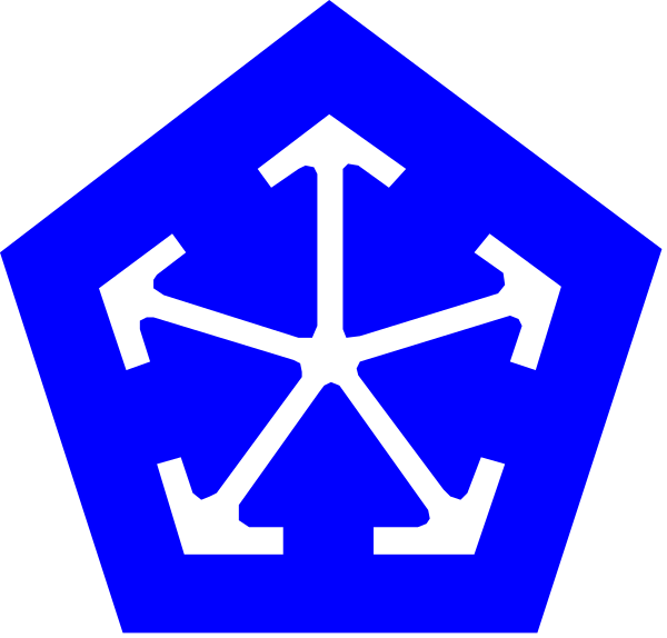 The image shows a blue hexagon with an arrow pointing upwards inside it on top of another smaller blue triangle that has four arrows emanating from its center in different directions within two larger triangles forming a diamond shape, all set against a white background.