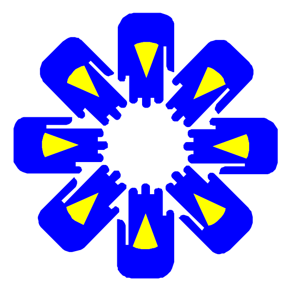 The image shows a blue flower with six petals each containing an abstract design that resembles hands holding up signs; in the center of this floral arrangement is another smaller circle featuring two yellow stars on either side and three white triangles pointing towards it, all set against a black background.