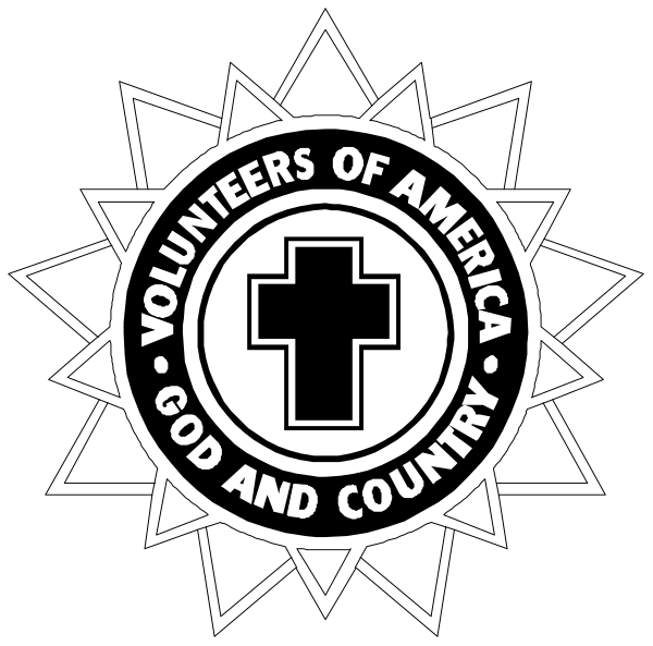 The image shows a black and white emblem with text that reads "VOLUNTEERS OF AMERICA" at its center surrounded by rays of light on either side.