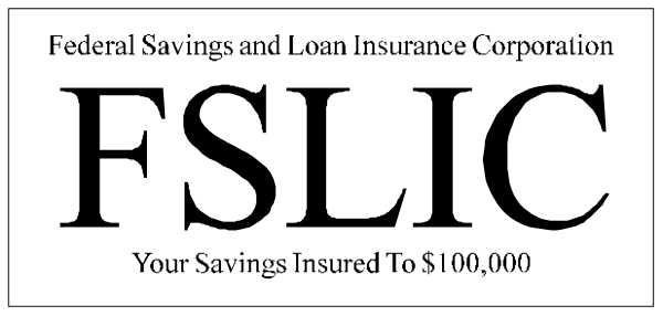 The image shows a sign with text that reads "FEDERAL SAVINGS AND LOAN INSURANCE CORP." followed by an acronym FSLIC in bold letters at the bottom, and below it is another line of smaller print stating "YOU SAVE $10K TO YOUR 401(k)". The sign has a plain white background with black text. There are no other objects or people visible within this image. It appears to be an advertisement for financial services related to savings and loans, specifically highlighting the benefits of saving