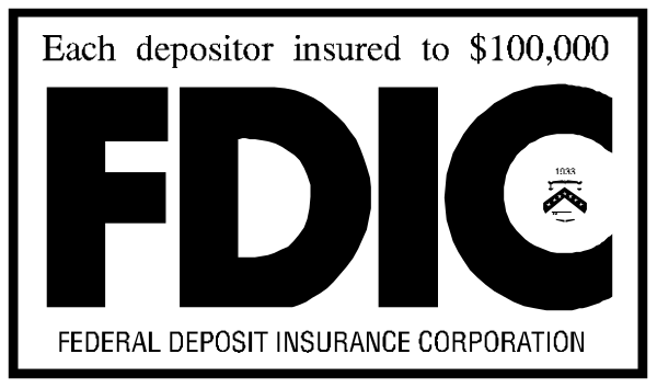 The image shows a black and white advertisement for FDIC insurance with text that reads "Each deposit insured to $100,000" at the top left corner of an oval graphic resembling a shield emblem.