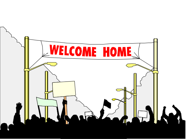 The image shows a black and white illustration of an outdoor scene with protestors holding signs that say "Welcome Home." There is also text on top saying "HOME" in bold red letters against a dark background, suggesting it might be part of a larger sign or banner within the context of this artwork.
