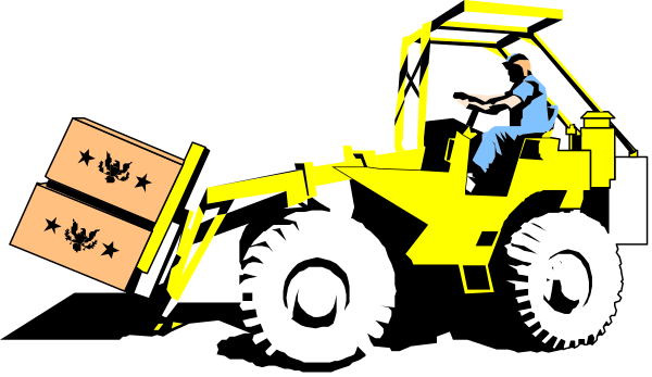 The image shows a cartoon of an orange construction vehicle with black tires driving on what appears to be a road at nighttime, carrying two boxes in its bed; there is also a person standing next to it who seems to have just unloaded them from another truck that's not visible within the frame.