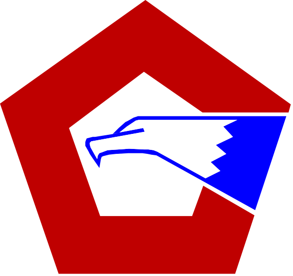 The logo of a sports team with red background featuring an abstract design resembling wings on either side of what appears to be a shield-like emblem in white at center; above it is a stylized blue and silver arrow pointing upwards, suggesting motion or directionality.
