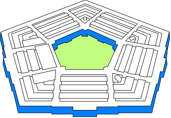 The image shows a top view of an indoor maze with blue walls on two sides and white floors at its center.
