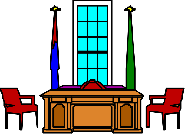 The image shows a pixelated representation of an interior space that appears to be a courtroom with a judge's bench in front of it, flanked by two flags on poles at either end; there is no one present and chairs for spectators line both sides behind barriers.